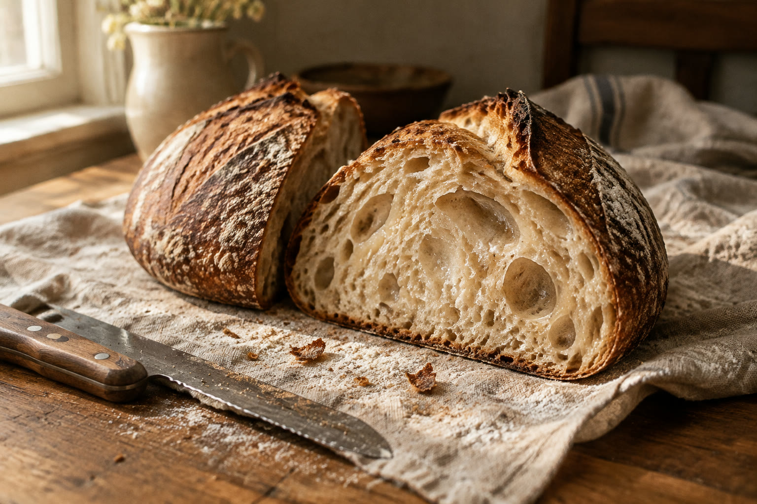 A country sourdough boule cut open on floured linen, showing an open, glossy crumb