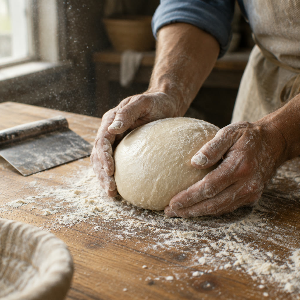 Floury hands shaping a round of dough on a wooden bench
