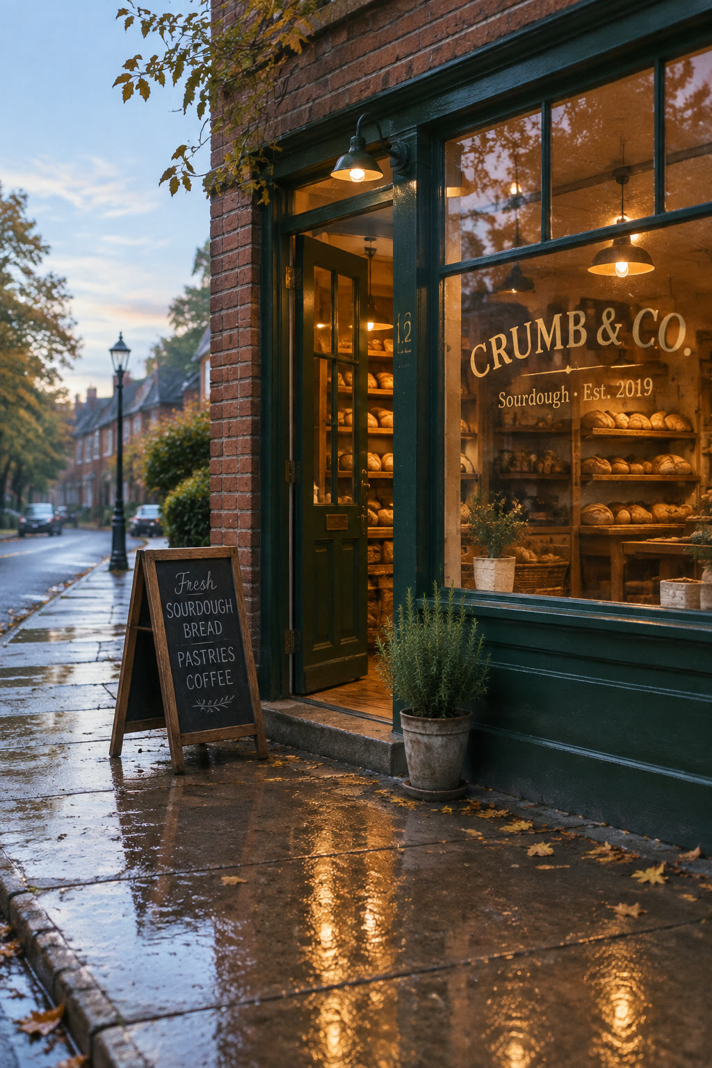The Crumb & Co. storefront at dawn, warm light spilling from the open green door onto a wet sidewalk