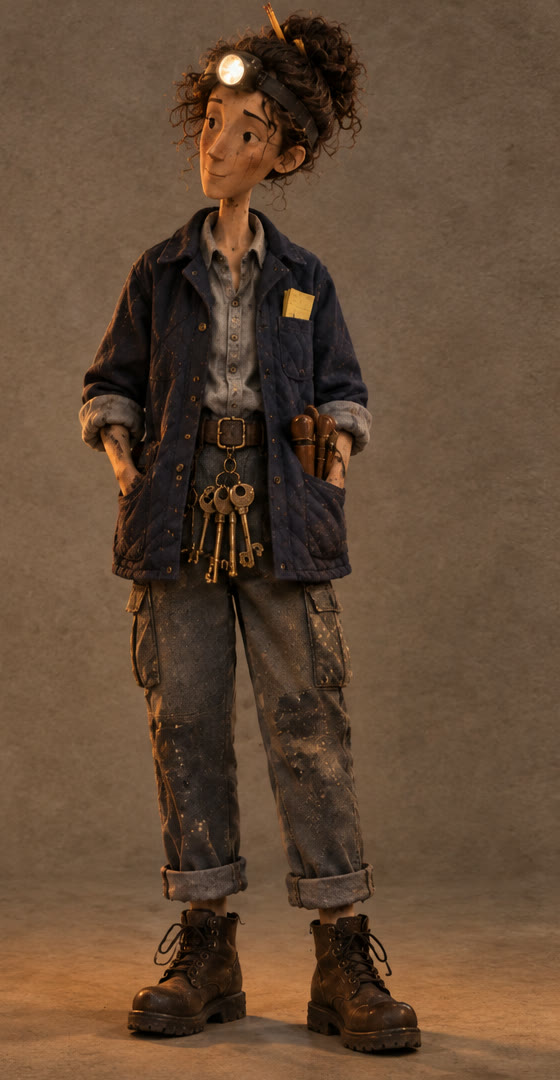 Adela's puppet: tall, a headlamp in pinned-up curls, navy quilted chore coat, a heavy ring of brass keys, steel-toe boots.