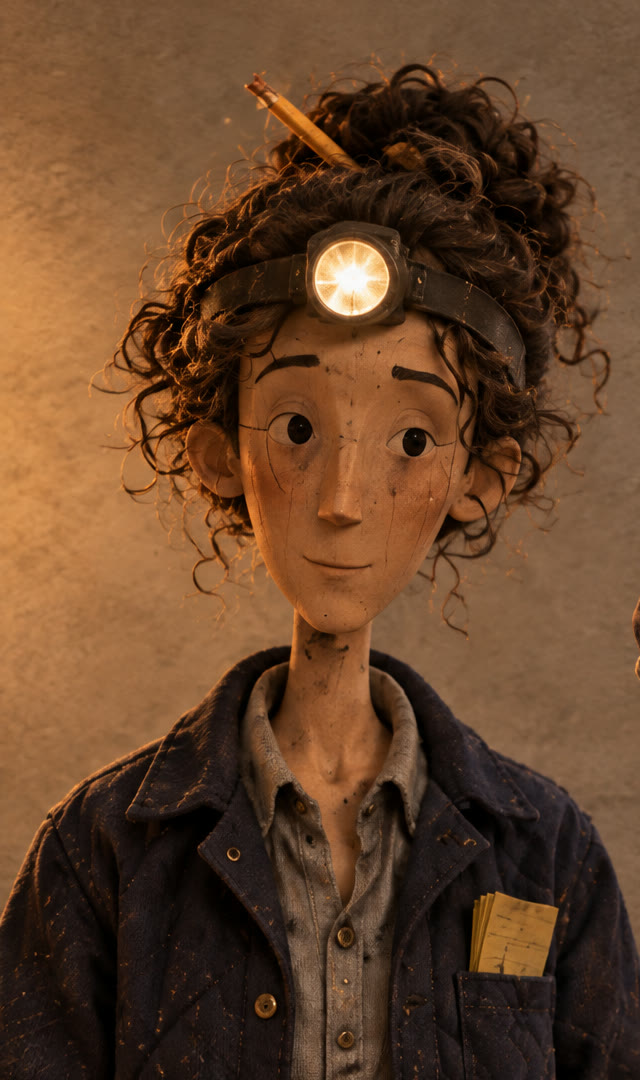 Adela: dark curls pinned up with a pencil, a headlamp, a navy chore coat.
