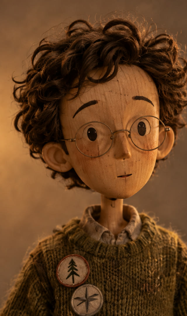 Theo's puppet: round wire glasses, wild dark curls, olive hand-knit sweater with felt badges.
