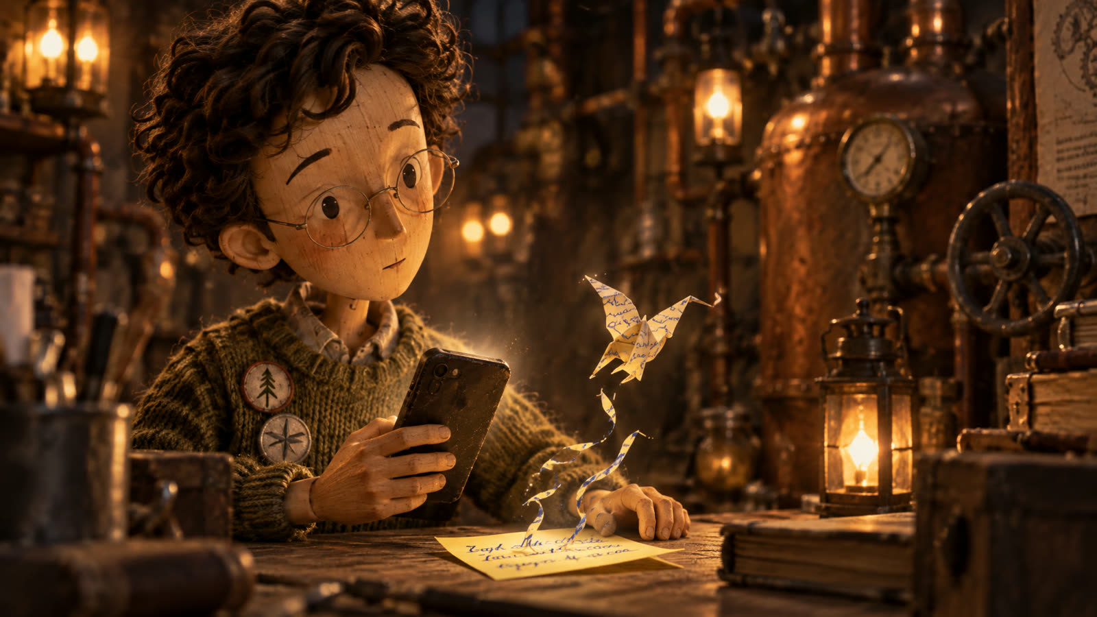 Theo at his desk holds a phone over a yellow sticky note; the ink lifts and folds into a small paper bird.