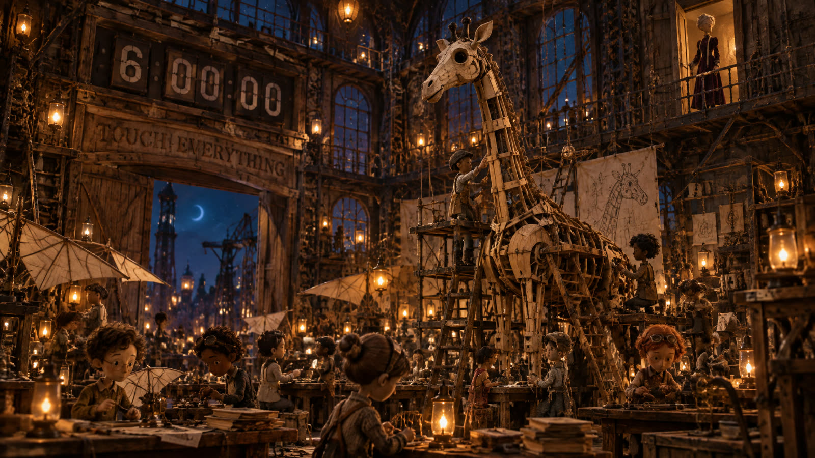 The Whitlock Workshop: a hangar of lathes and ladders, a giant flip clock at 6:00:00 and a fourteen-foot robot giraffe.