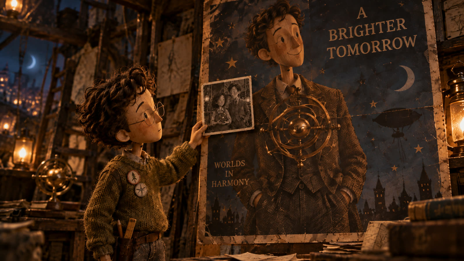 Theo holds the snapshot against the poster.