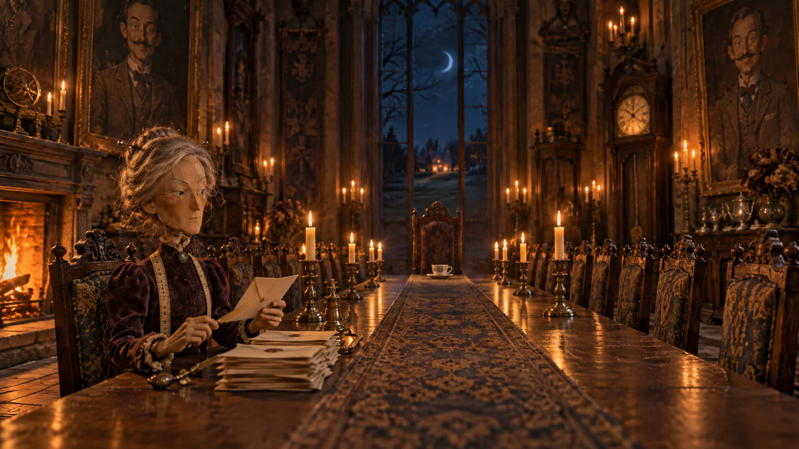 Eleanor alone at the near end of an enormously long candlelit dining table; far away, a single cup before an empty chair.