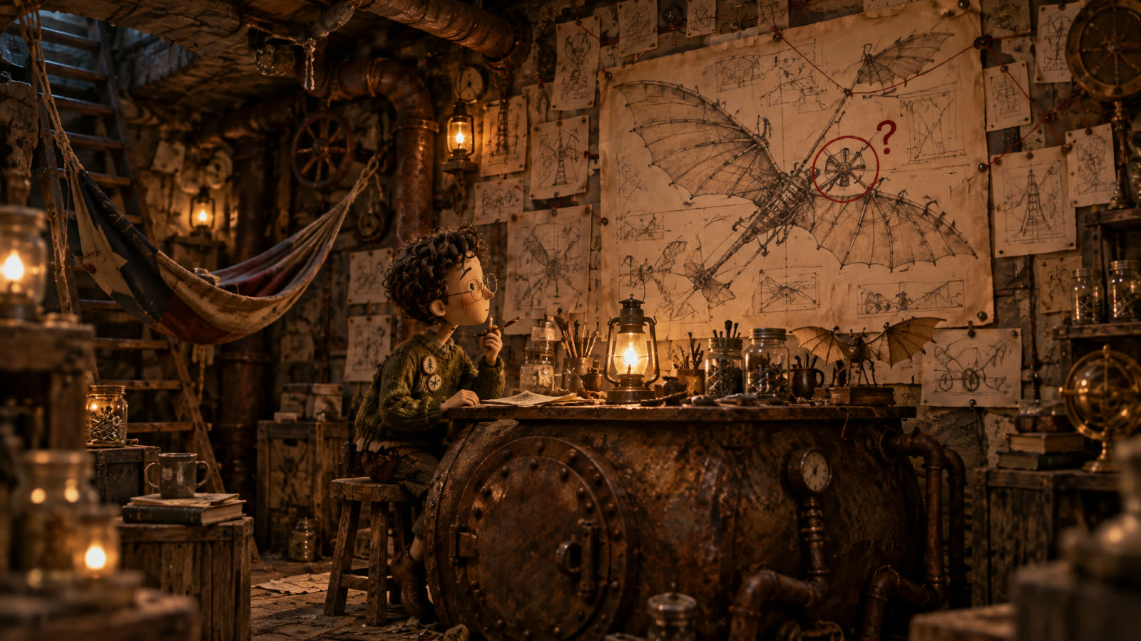 The boiler-room hideout: a dead iron boiler used as a desk, walls papered with blueprints of a winged flying machine.