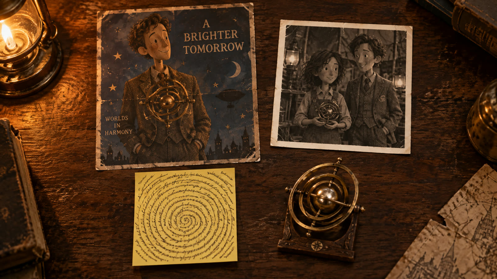 Props on a walnut desk: the 'A Brighter Tomorrow' poster of Arthur with the gyroscope floating at his chest, a black-and-white snapshot showing young Eleanor holding it, a sticky note written in a spiral, and the brass gyroscope.