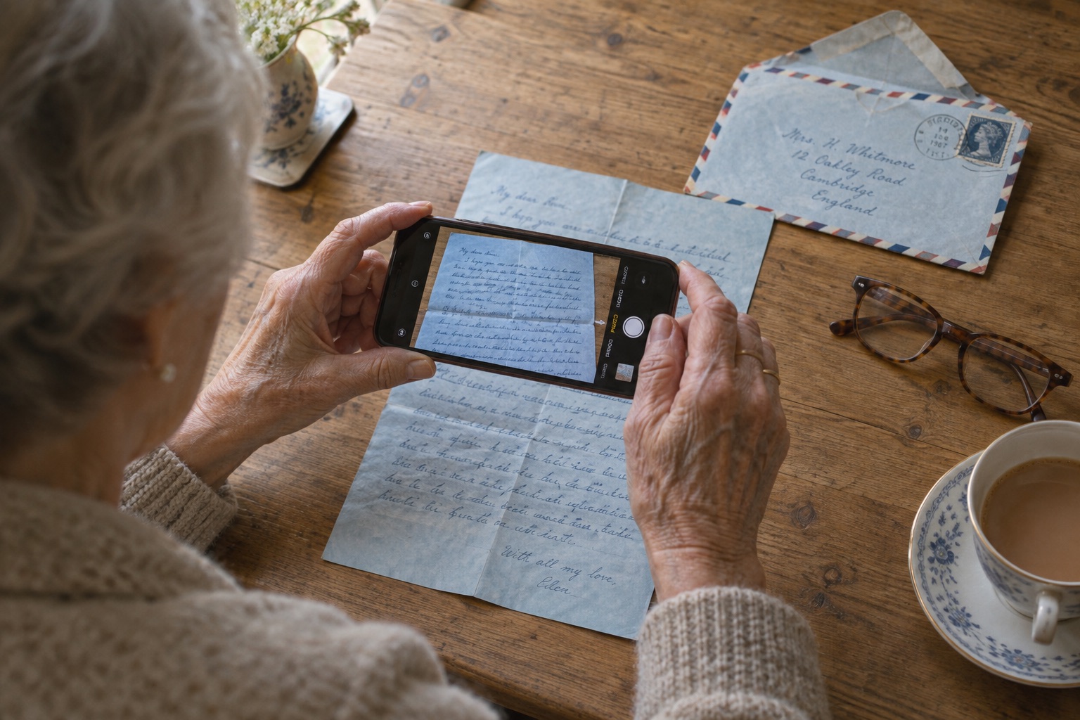 An older woman's hands hold a phone above a handwritten airmail letter on a kitchen table
