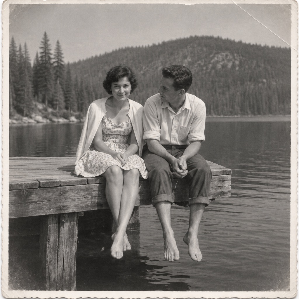 Black-and-white photograph of a young couple sitting on a lake dock, 1962