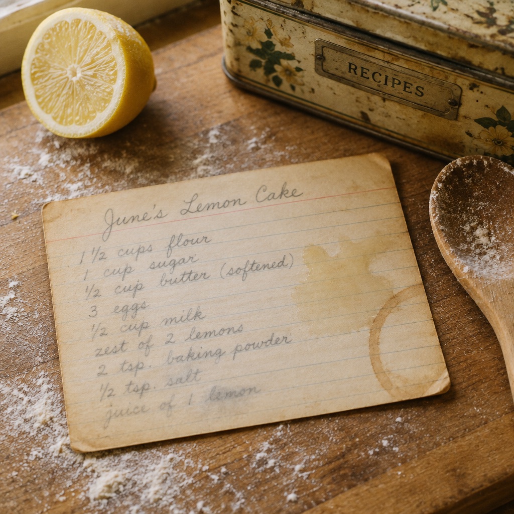 A pencil recipe card titled June's Lemon Cake