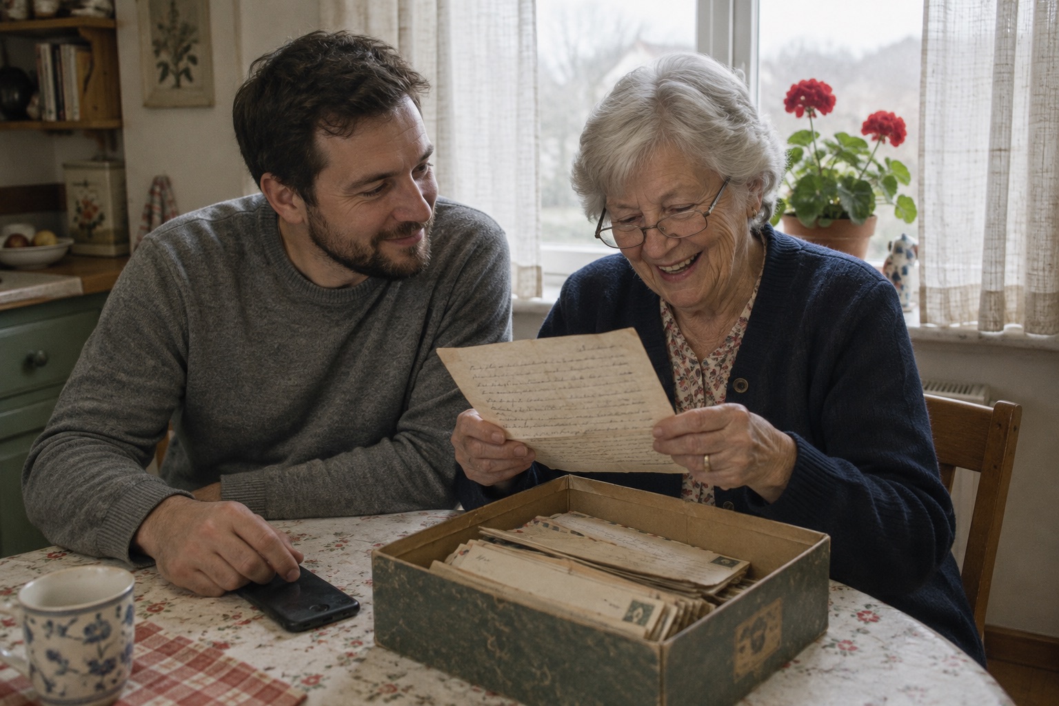 A grandson and his grandmother laughing together over a shoebox of letters and photographs at the kitchen table.