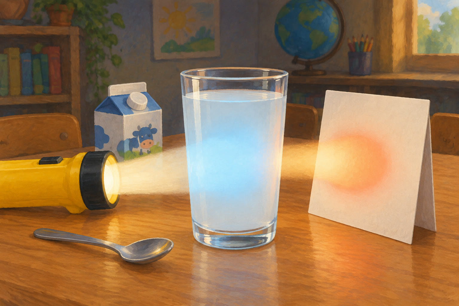 A flashlight shines into a glass of milky water. The water glows pale blue, and an orange spot of light lands on a white card behind the glass.