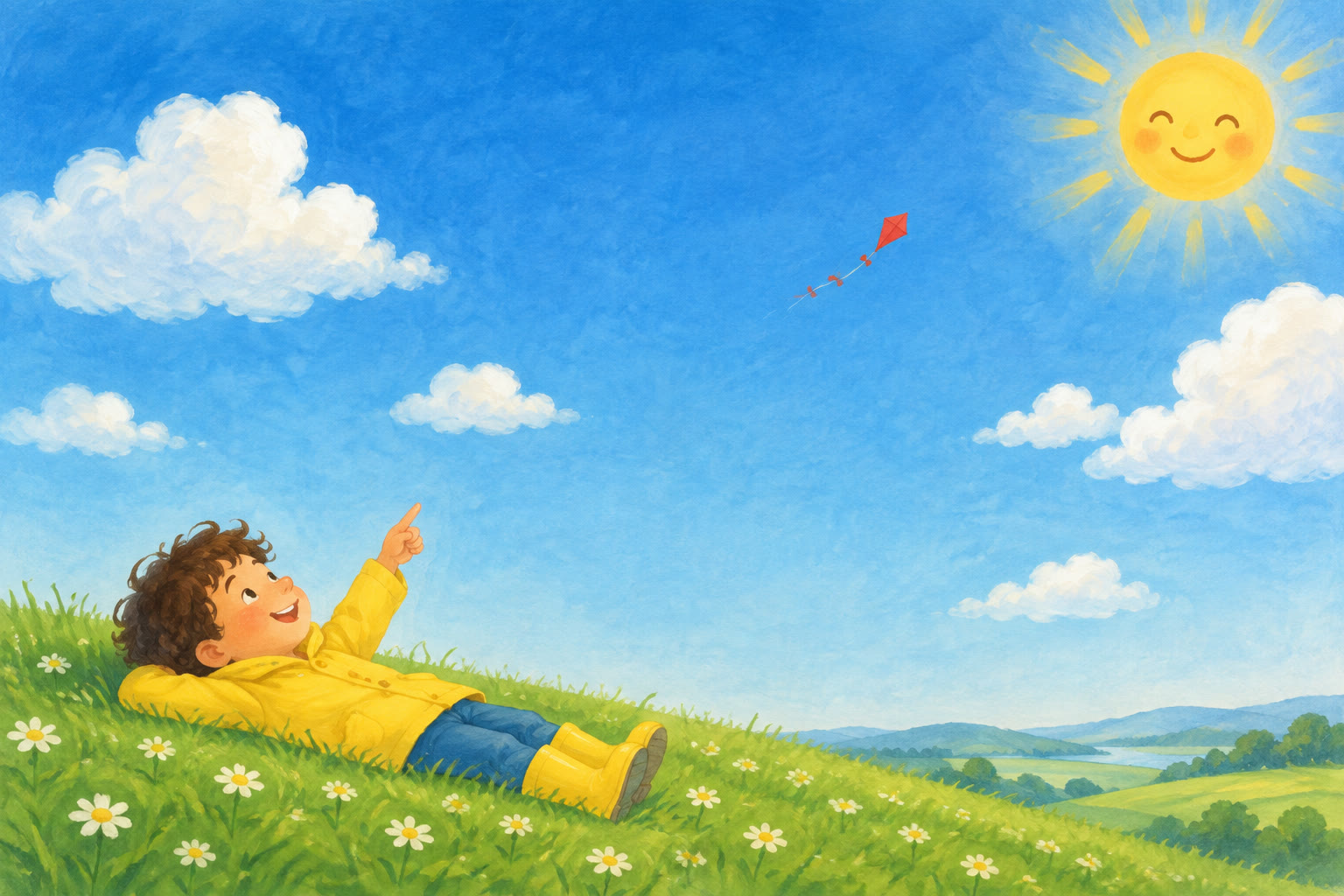 A child in a yellow raincoat lies on a grassy hill, pointing up at a bright blue sky with a smiling sun and a red kite.